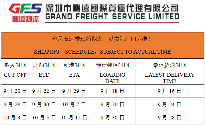 印尼9月下旬船期